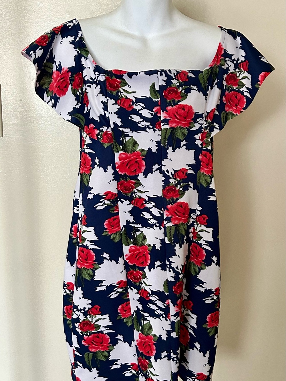 Floral Over The Shoulder Mini Dress in Navy with Red Roses